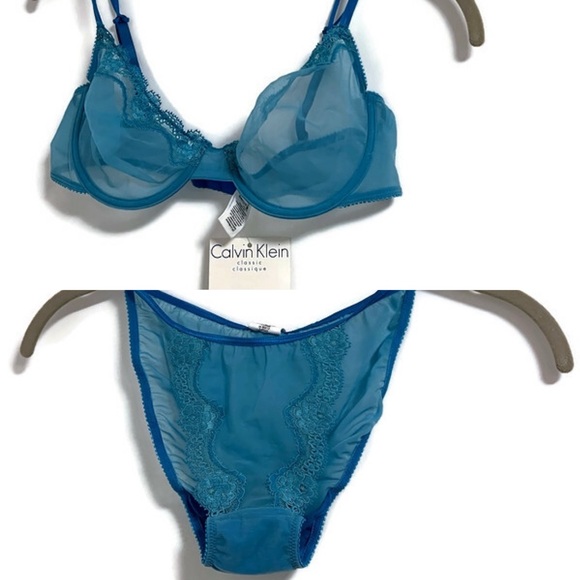 NWT Calvin Klein aqua blue sheer bra 36C, string bikini Medium AND thong, 3 pcs. - Picture 4 of 16